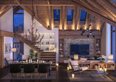 3D rendering of cozy living room on cold winter night in the mountains, evening interior of chalet decorated with candles, fireplace fills the room with warmth.